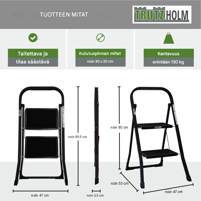 TRUTZHOLM taittotikas 2 askelmaa, musta, jauhemaalattu teräs, 150 kg