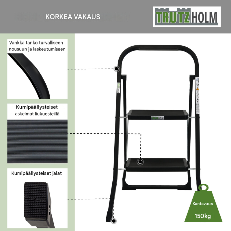 TRUTZHOLM taittotikas 2 askelmaa, musta, jauhemaalattu teräs, 150 kg