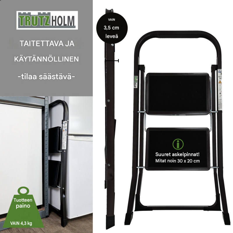TRUTZHOLM taittotikas 2 askelmaa, musta, jauhemaalattu teräs, 150 kg