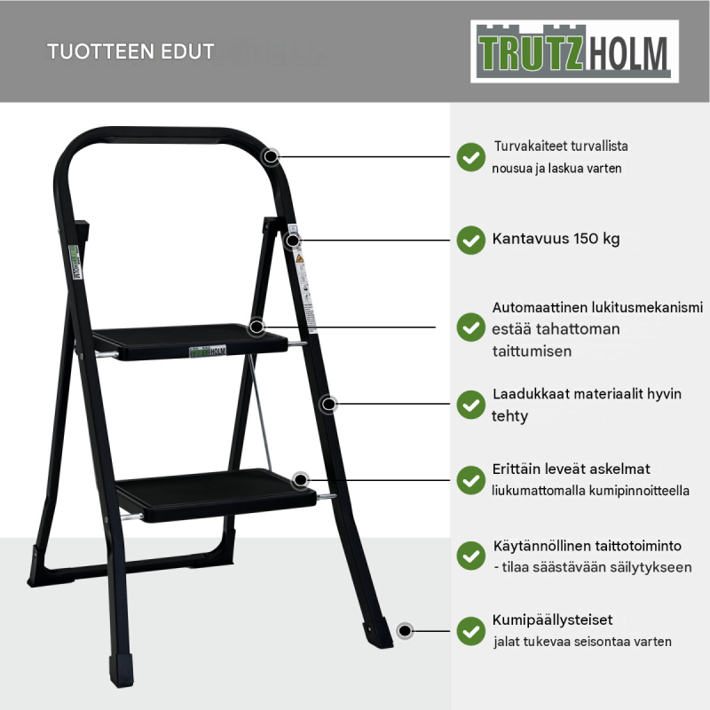 TRUTZHOLM taittotikas 2 askelmaa, musta, jauhemaalattu teräs, 150 kg