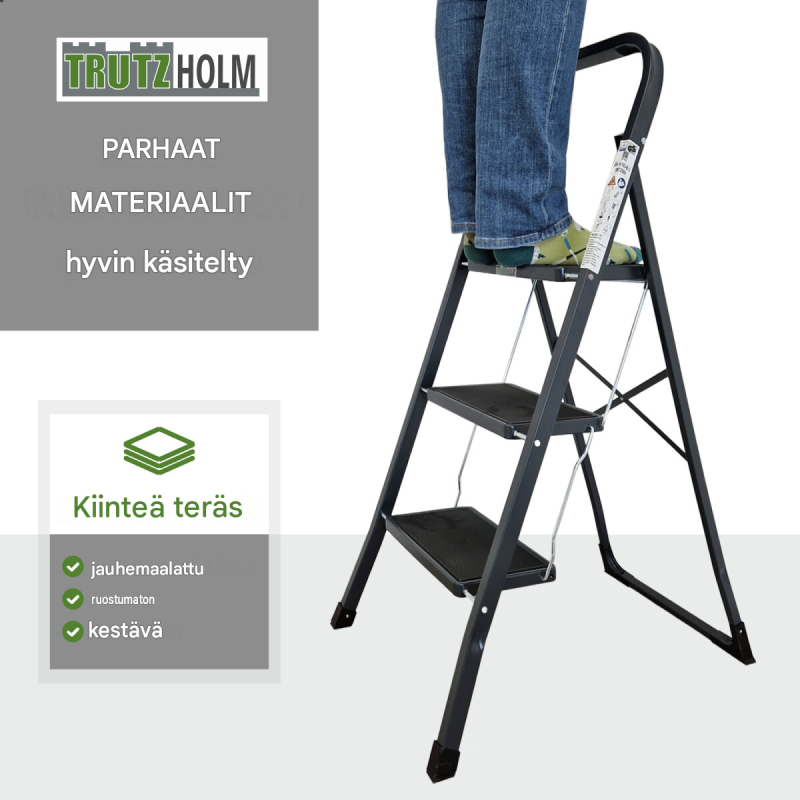 TRUTZHOLM-taittotikas 3 askelmaa, 150 kg, antrasiitti, pulverimaalattu teräs, TÜV/GS