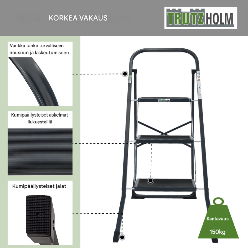 TRUTZHOLM-taittotikas 3 askelmaa, 150 kg, antrasiitti, pulverimaalattu teräs, TÜV/GS