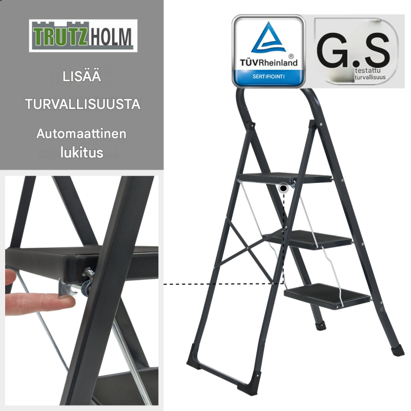 TRUTZHOLM-taittotikas 3 askelmaa, 150 kg, antrasiitti, pulverimaalattu teräs, TÜV/GS