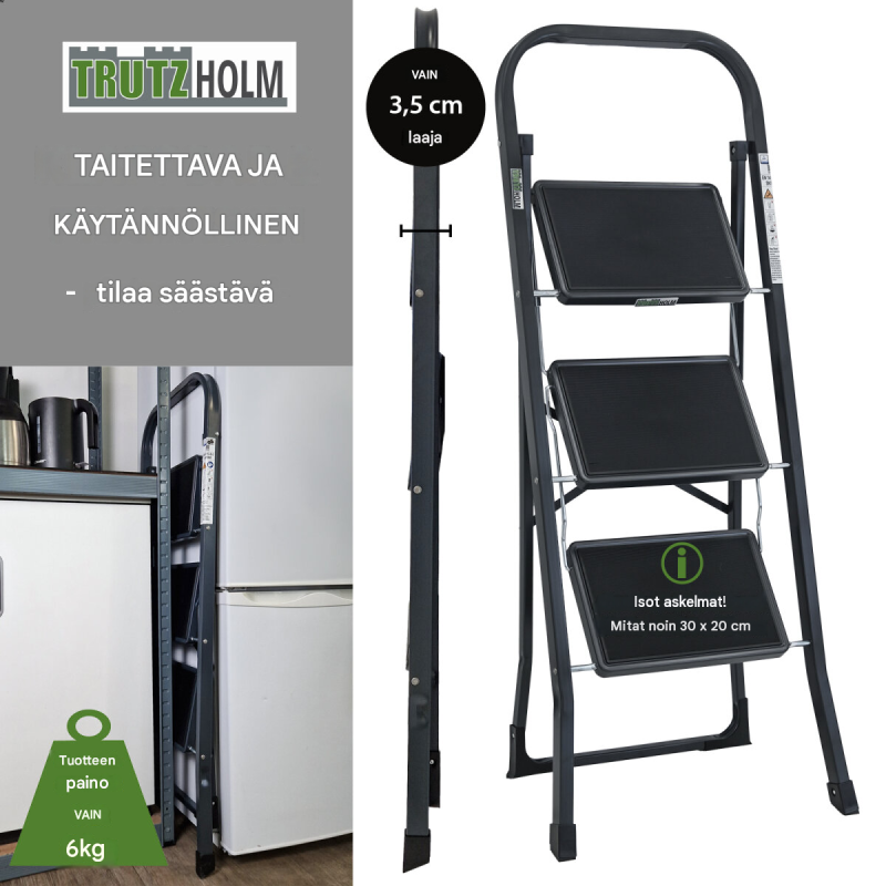 TRUTZHOLM-taittotikas 3 askelmaa, 150 kg, antrasiitti, pulverimaalattu teräs, TÜV/GS
