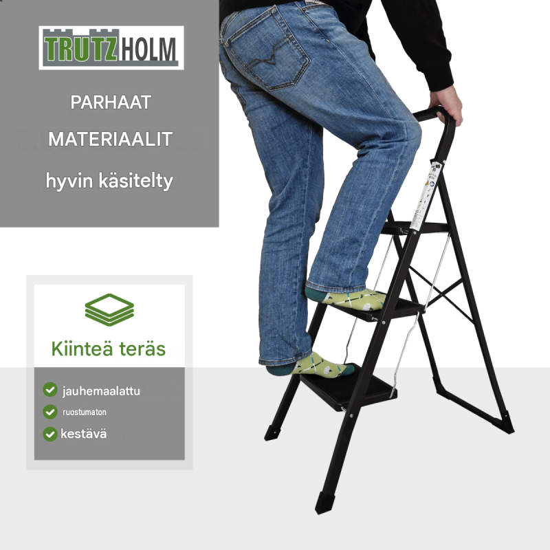 TRUTZHOLM porrasjakkara 3 askelmaa, kokoontaitettava, musta, 150 kg, teräs