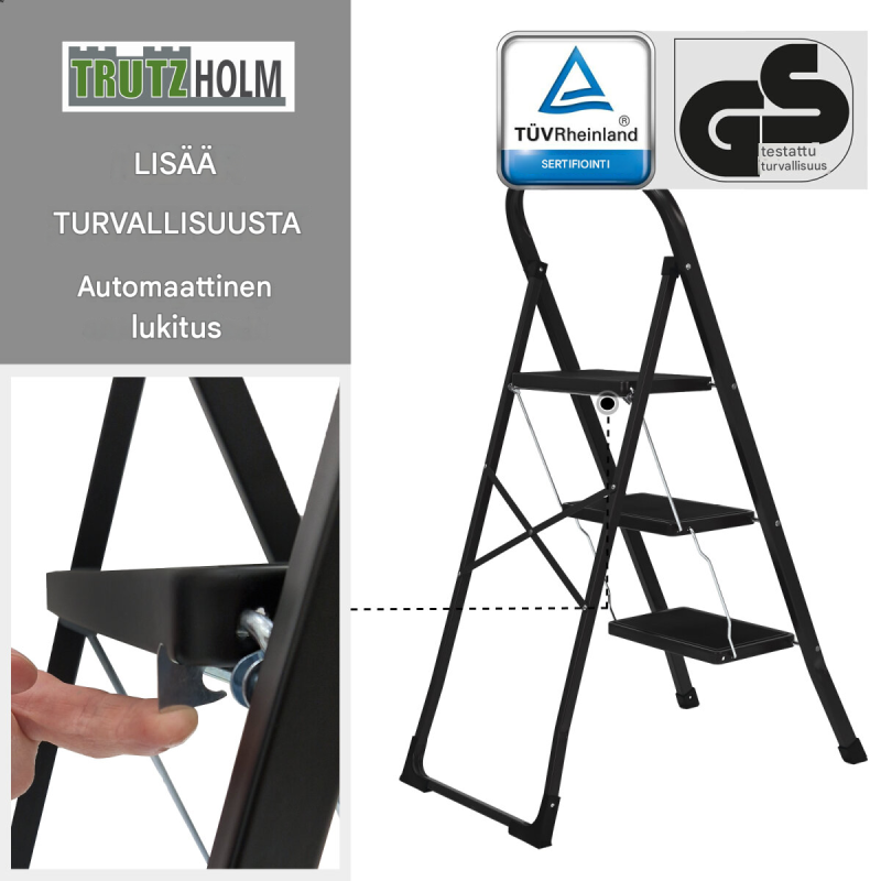 TRUTZHOLM porrasjakkara 3 askelmaa, kokoontaitettava, musta, 150 kg, teräs