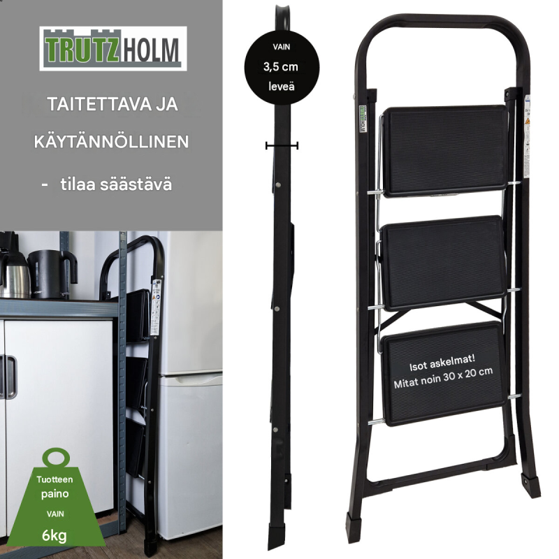 TRUTZHOLM porrasjakkara 3 askelmaa, kokoontaitettava, musta, 150 kg, teräs