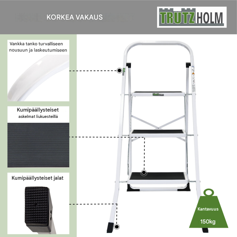 TRUTZHOLM taittotikkaat 3 askelmaa, valkoinen, teräs, 150 kg, 47 x 72 x 103 cm