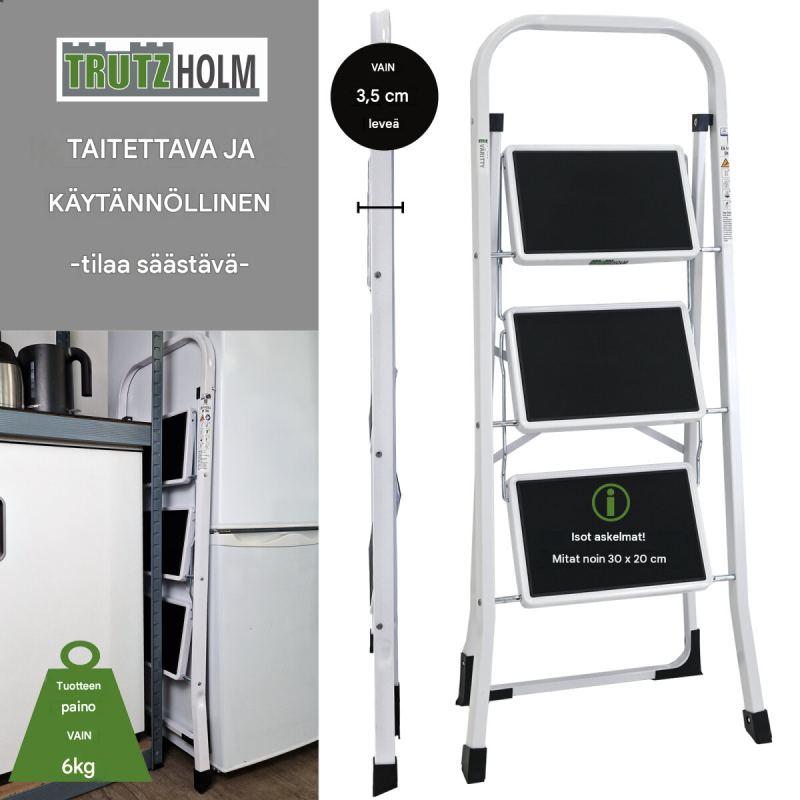 TRUTZHOLM taittotikkaat 3 askelmaa, valkoinen, teräs, 150 kg, 47 x 72 x 103 cm