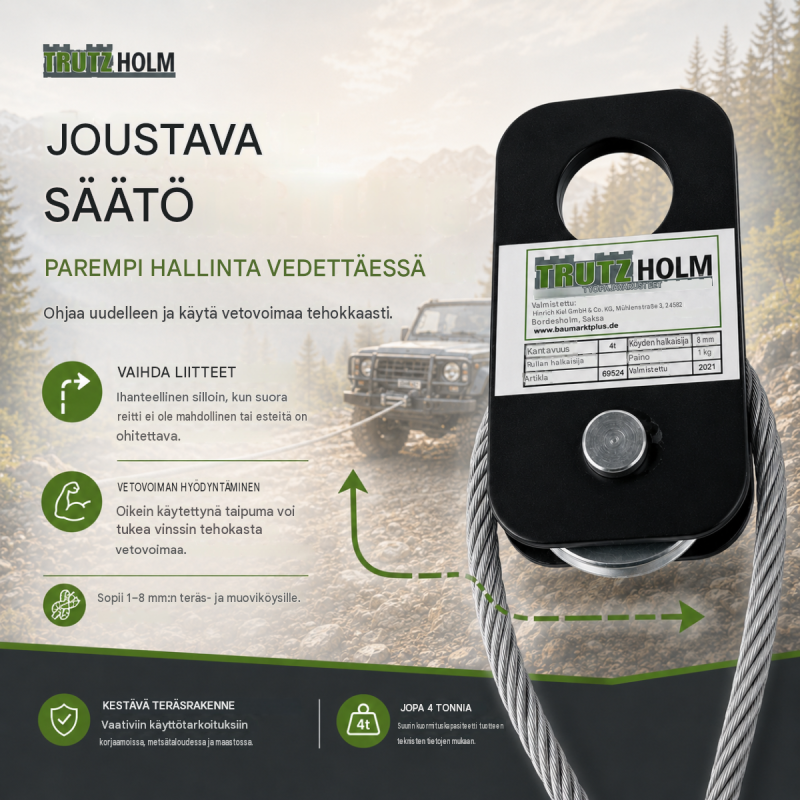 TRUTZHOLM ohjausrulla 1–8 mm vaijereille, vinssi- ja vetokäyttöön