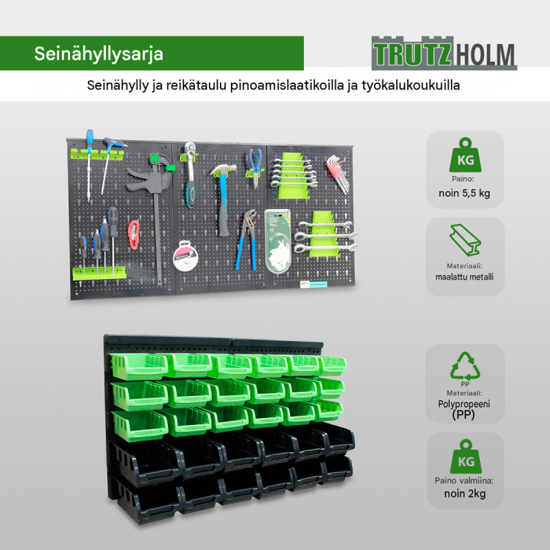 Työkalureikälevy ja säilytyslaatikot, metallia, 30 laatikkoa ja koukkusarja