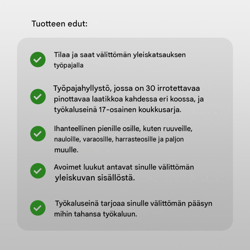 Työkalureikälevy ja säilytyslaatikot, metallia, 30 laatikkoa ja koukkusarja