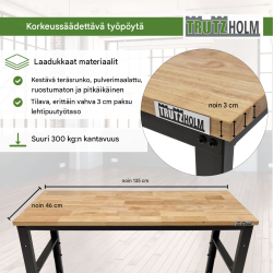TRUTZHOLM korkeussäädettävä työpenkki 135 x 46 x 88 97 cm 300 kg kovapuu säteräsrunko