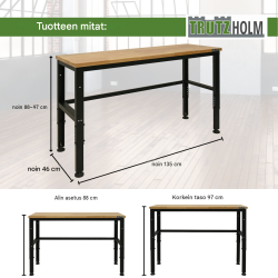 TRUTZHOLM korkeussäädettävä työpenkki, 135 x 46 x 88-97 cm, 300 kg, kovapuu-säteräsrunko