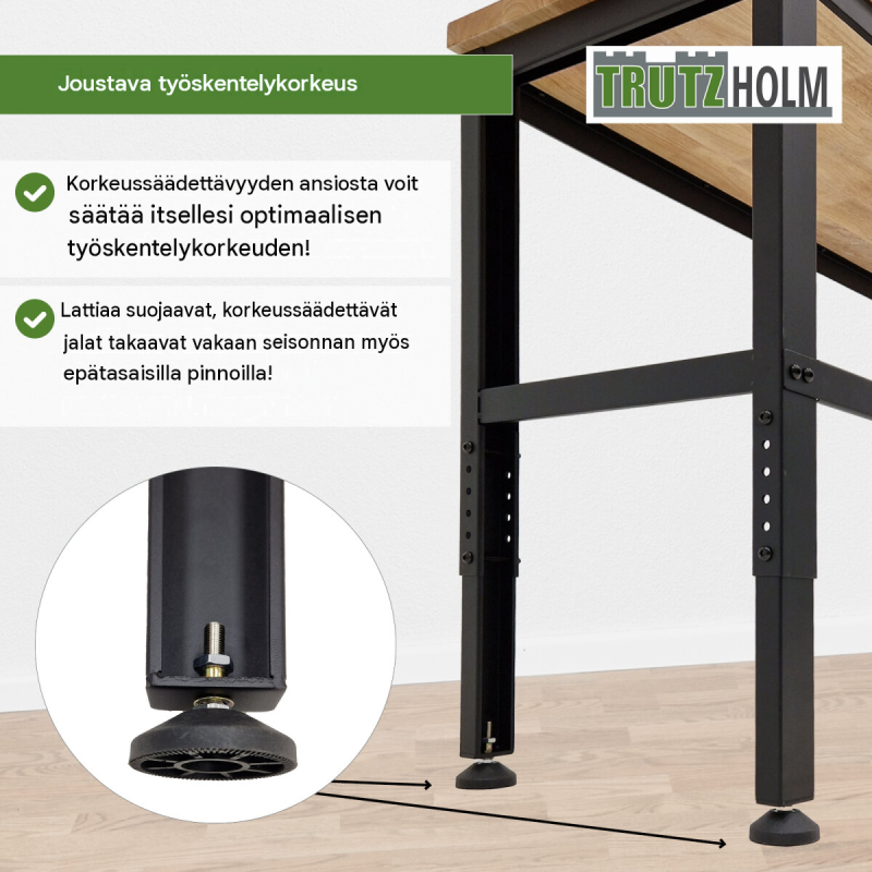TRUTZHOLM korkeussäädettävä työpenkki, 135 x 46 x 88-97 cm, 300 kg, kovapuu-säteräsrunko