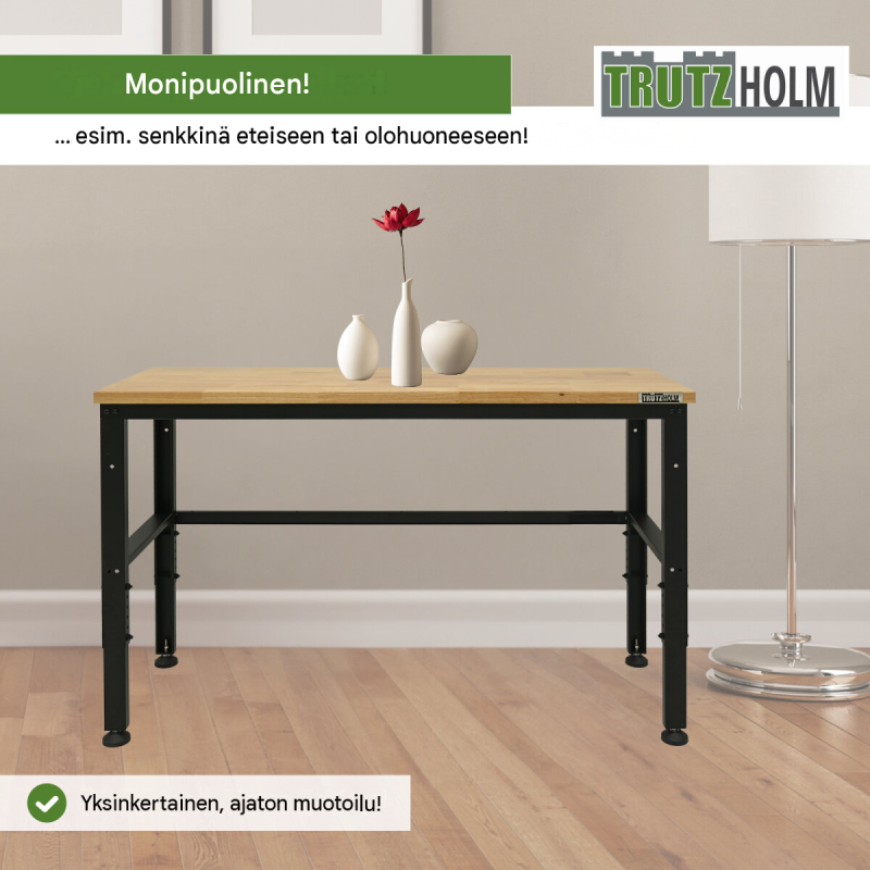 TRUTZHOLM korkeussäädettävä työpenkki, 135 x 46 x 88-97 cm, 300 kg, kovapuu-säteräsrunko