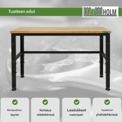 TRUTZHOLM korkeussäädettävä työpenkki, 135 x 46 x 88-97 cm, 300 kg, kovapuu-säteräsrunko