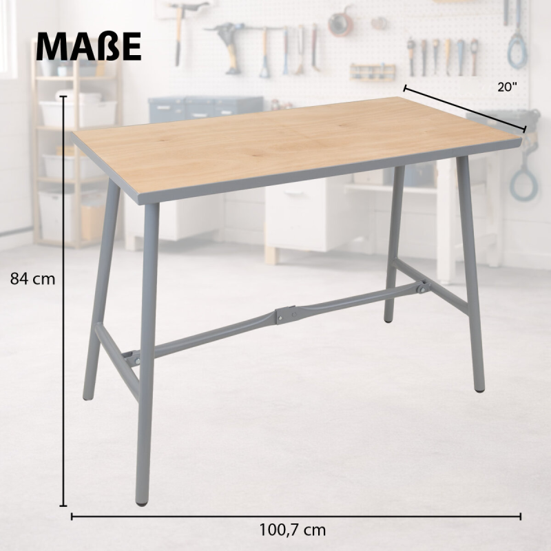 Kokoontaitettava työpenkki 150 kg, teräs, vaneritaso, 100,7 x 50,7 x 84 cm