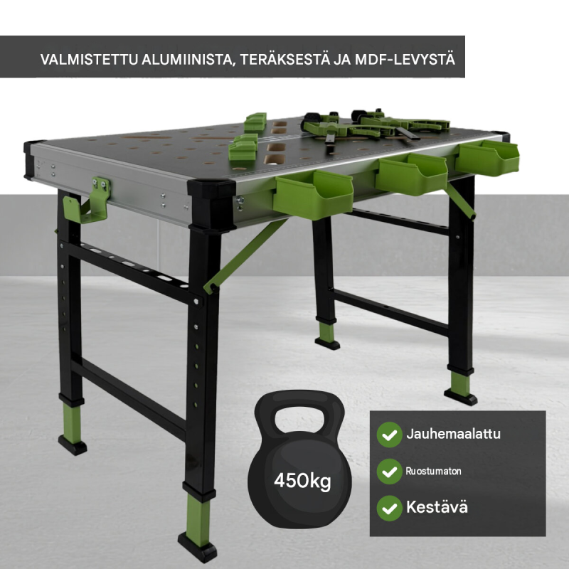 TRUTZHOLM kokoontaitettava työpöytä, korkeussäädettävä 73–88,5 cm, 450 kg, työkalulaatikot