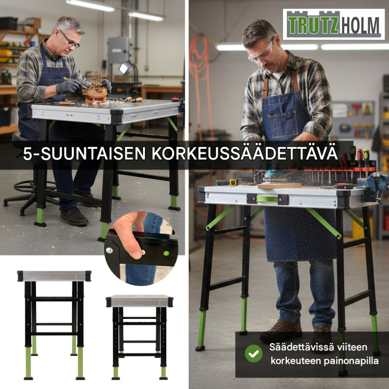 TRUTZHOLM kokoontaitettava työpöytä, korkeussäädettävä 73–88,5 cm, 450 kg, työkalulaatikot