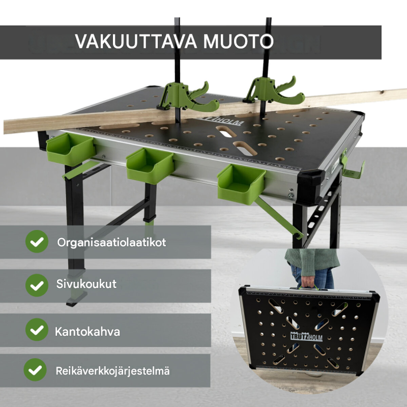 TRUTZHOLM kokoontaitettava työpöytä, korkeussäädettävä 73–88,5 cm, 450 kg, työkalulaatikot