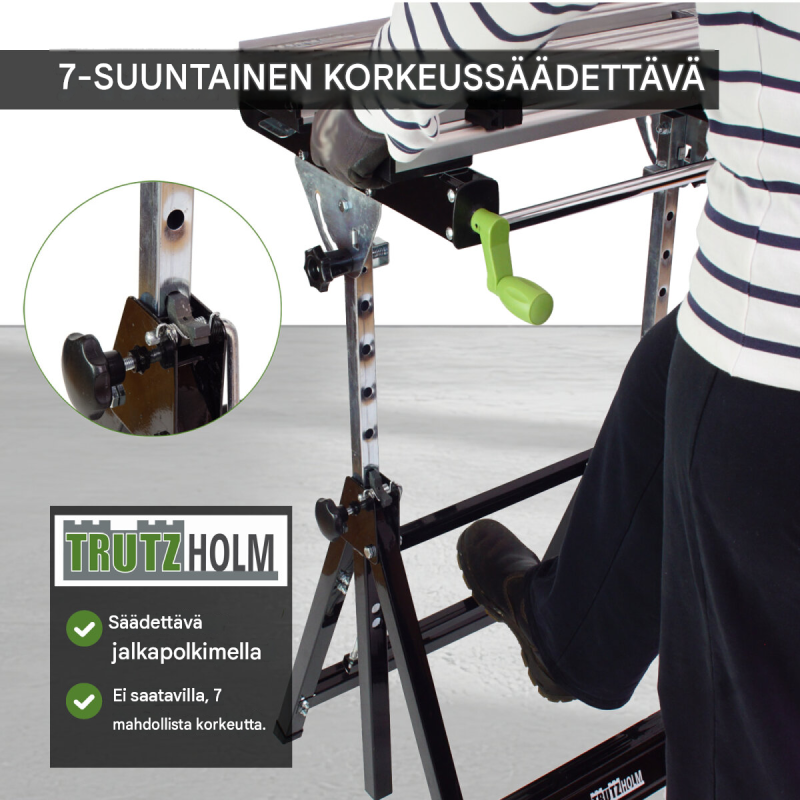 TRUTZHOLM kokoontaitettava työpenkki, korkeussäädettävä, 100 kg, alumiini ja teräs