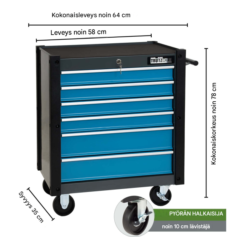 TRUTZHOLM Trutzi -työkaluvaunu, 6 laatikkoa, lukittava, sininen, 78 x 64 x 35 cm