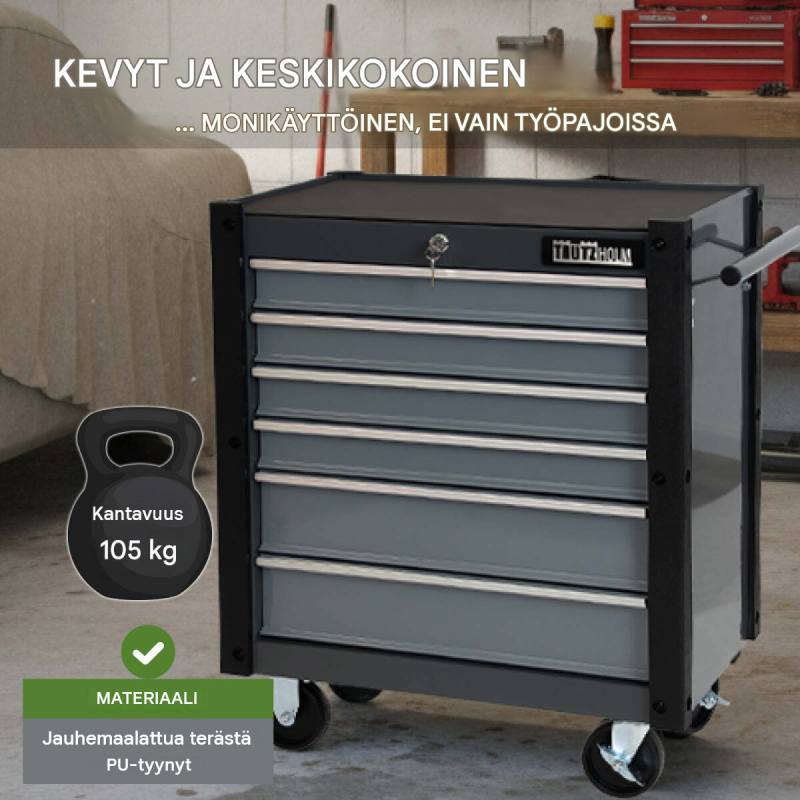 TRUTZHOLM Trutzi -työkaluvaunu 6 laatikkoa, lukittava, harmaa, 4 pyörää