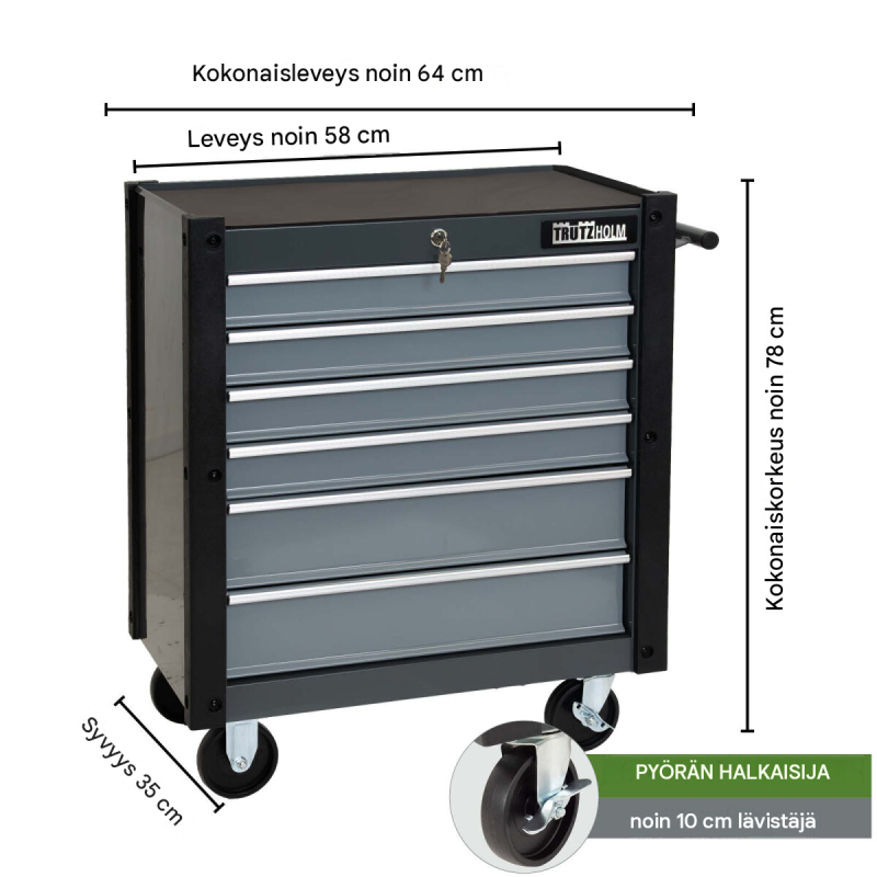 TRUTZHOLM Trutzi -työkaluvaunu 6 laatikkoa, lukittava, harmaa, 4 pyörää