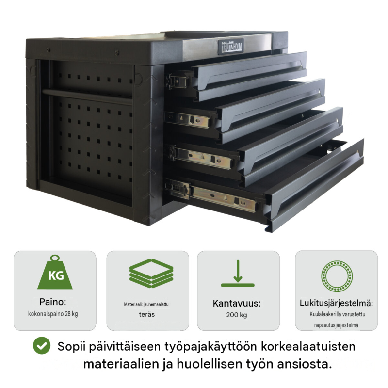Työkalukaappi 68,5 x 46 x 40 cm, 4 laatikkoa, 132-osainen työkalusarja, musta, teräs