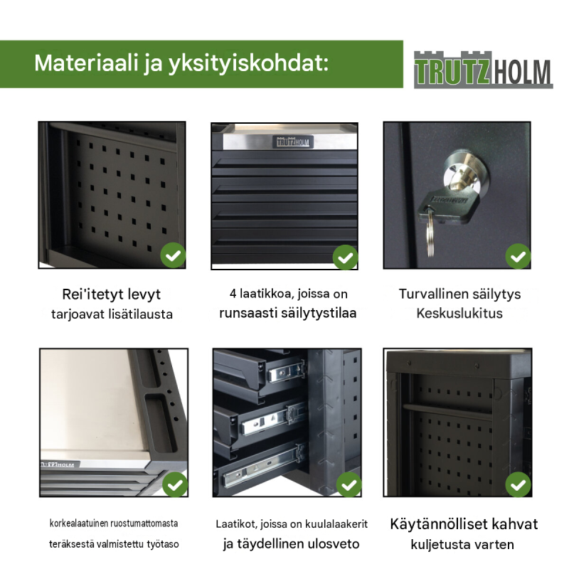 Työkalukaappi 68,5 x 46 x 40 cm, 4 laatikkoa, 132-osainen työkalusarja, musta, teräs