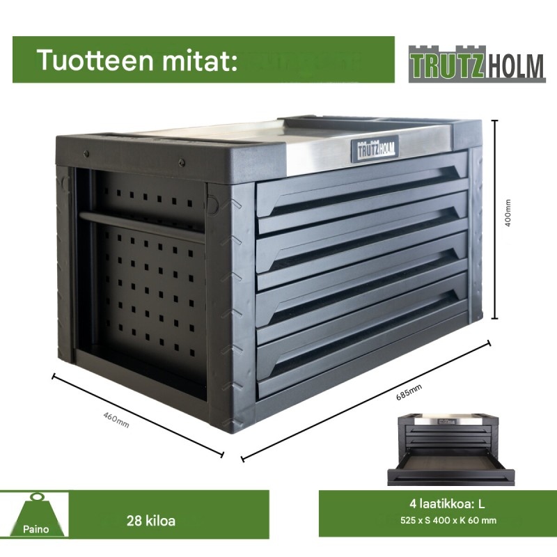 Työkalulaatikko 68,5 x 46 x 40 cm, 4 laatikkoa, 132-osainen työkalusarja, musta, teräs