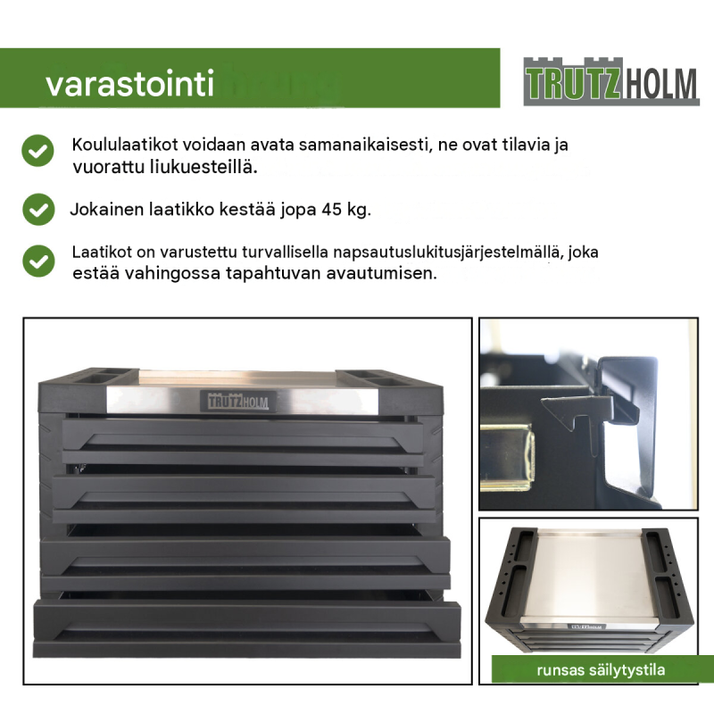 Työkalulaatikko 68,5 x 46 x 40 cm, 4 laatikkoa, 132-osainen työkalusarja, musta, teräs