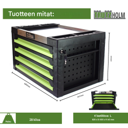 TRUTZHOLM-työkalulaatikko 4 laatikkoa, vihreä, 132 työkalua, 68,5 x 46 x 40 cm