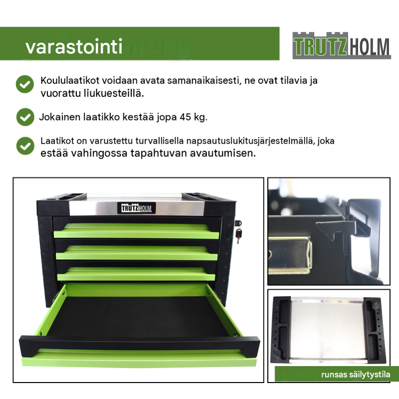TRUTZHOLM-työkalulaatikko 4 laatikkoa, vihreä, 132 työkalua, 68,5 x 46 x 40 cm