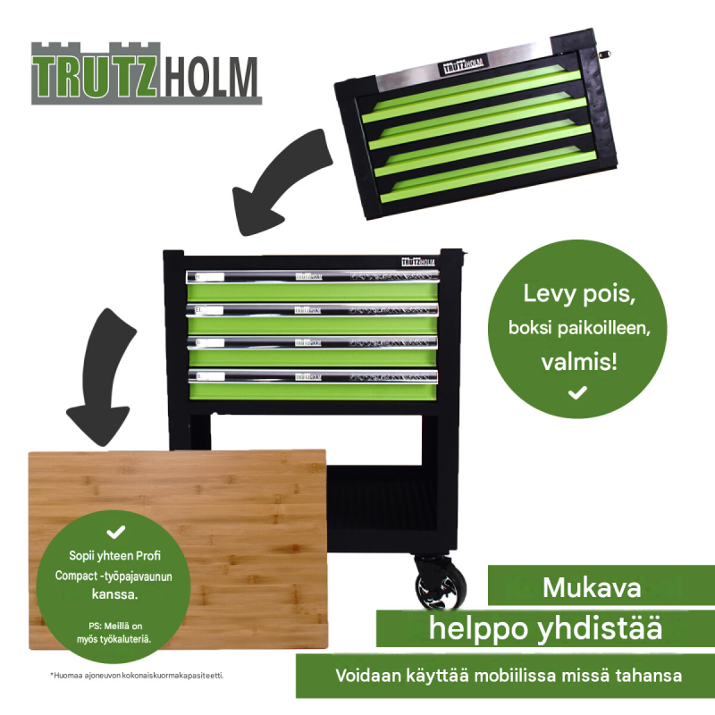 TRUTZHOLM-työkalulaatikko 4 laatikkoa, vihreä, 132 työkalua, 68,5 x 46 x 40 cm