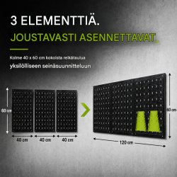Työkaluseinä 120 x 60 cm, 17 osaa, musta metallinen reikälevy kahvoilla ja pidikkeillä