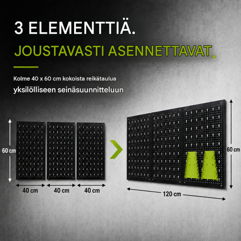 Työkaluseinä 120 x 60 cm, 17 osaa, musta metallinen reikälevy kahvoilla ja pidikkeillä