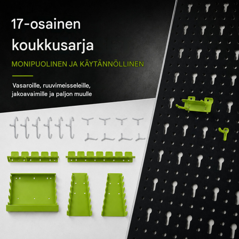 Työkaluseinä 120 x 60 cm, 17 osaa, musta metallinen reikälevy kahvoilla ja pidikkeillä