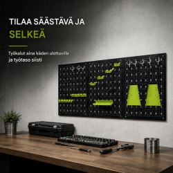 Työkaluseinä 120 x 60 cm, 17 osaa, musta metallinen reikälevy kahvoilla ja pidikkeillä