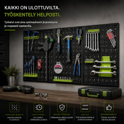 Työkaluseinä 120 x 60 cm, 17 osaa, musta metallinen reikälevy kahvoilla ja pidikkeillä