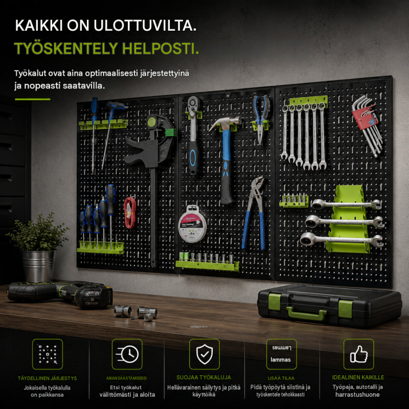 Työkaluseinä 120 x 60 cm, 17 osaa, musta metallinen reikälevy kahvoilla ja pidikkeillä