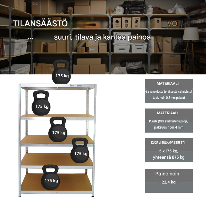 TrutzHolm ® raskaan kuorman varastohylly, 180 x 115 x 60 cm, 875 kg, 5 hyllytasoa