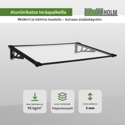 Sisäänkäyntikatos 120 x 80, 120 x 90 tai 150 x 90 cm, polykarbonaatti, alumiini, läpinäkyvä