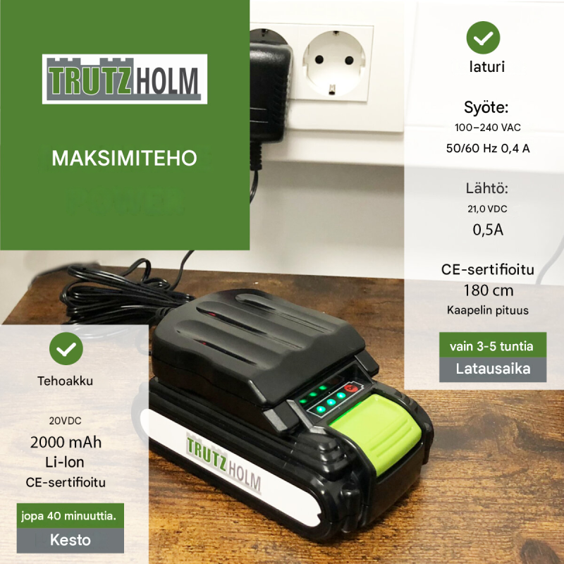 Akkukäyttöinen saumaharja 20 V, 2.0 Ah akku, nylon- ja teräsharja, teleskooppikahva