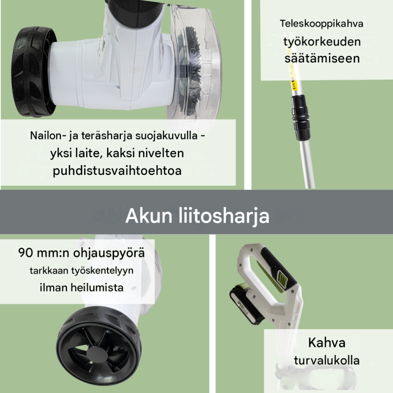 Akkukäyttöinen saumaharja 20 V, 2.0 Ah akku, nylon- ja teräsharja, teleskooppikahva