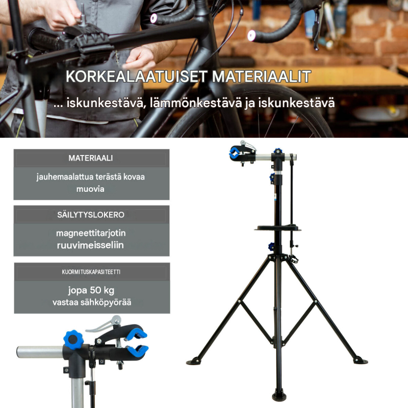 Korkeussäädettävä polkupyörän huoltoteline, musta, teräs, 50 kg kantaavuus