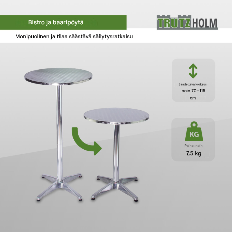 2-in-1 bistro- ja seisomapöytä, säädettävä 70/115 cm, Ø 60 cm, alumiini