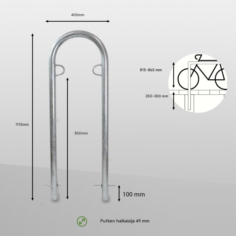 Polkupyöräteline 2 kpl, kuumasinkitty teräs, 1115 x 400 mm, Ø 49 mm, betonoitava