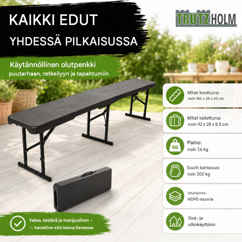 TRUTZHOLM olutpenkki 2 kpl, taitettava, harmaa puukuosi, 180 cm